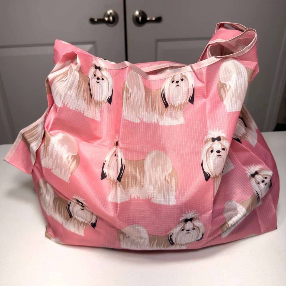 EasyEarth Shih Tzu Reusable Shopping Bag Pink Dog Print EcoSilk Tote Large - Picture 4 of 12
